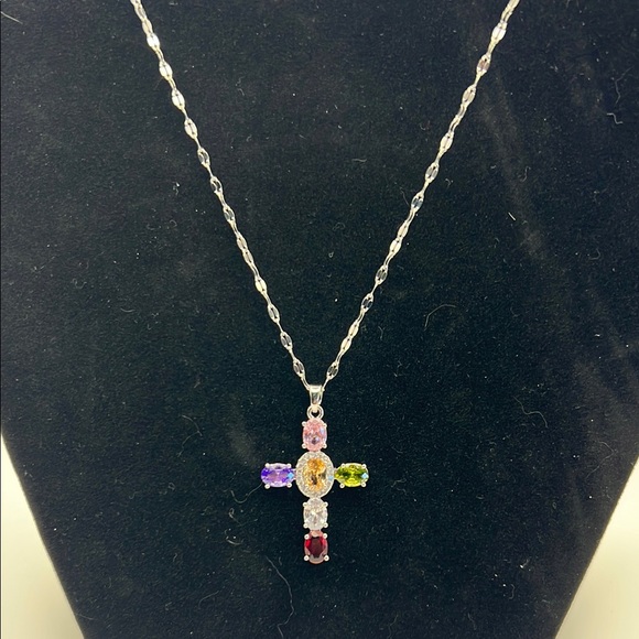 Stainless Steel Silver Multicolor Gemstone Cross Necklace - Picture 3 of 5